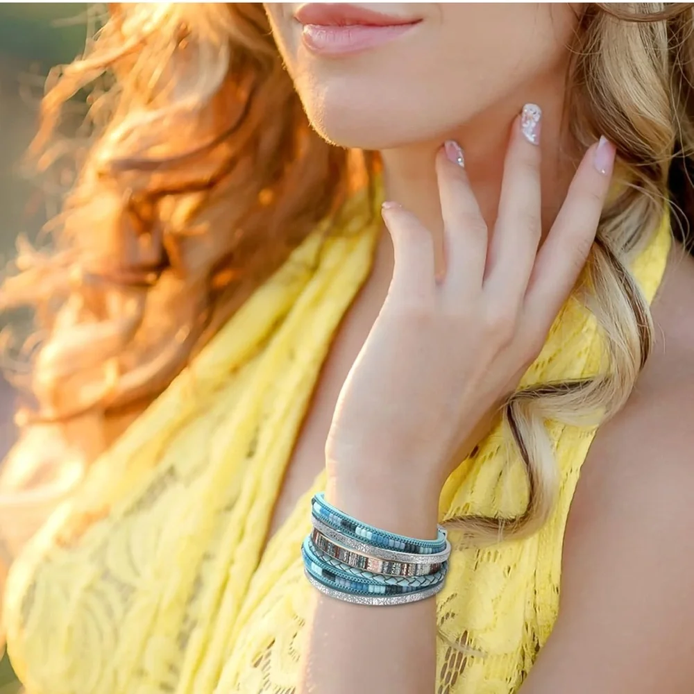 Boho Multi-Layer Leather Wrap Bracelet | Magnetic Clasp Stone